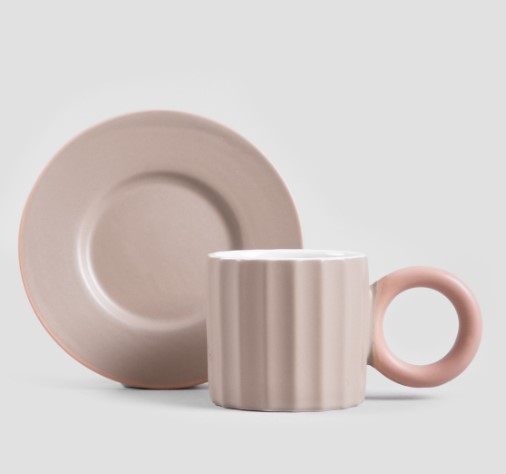 Φλυτζάνι Καφέ Με Πιατάκι Πορσελάνης Μπεζ-Ροζ 100ml Yell